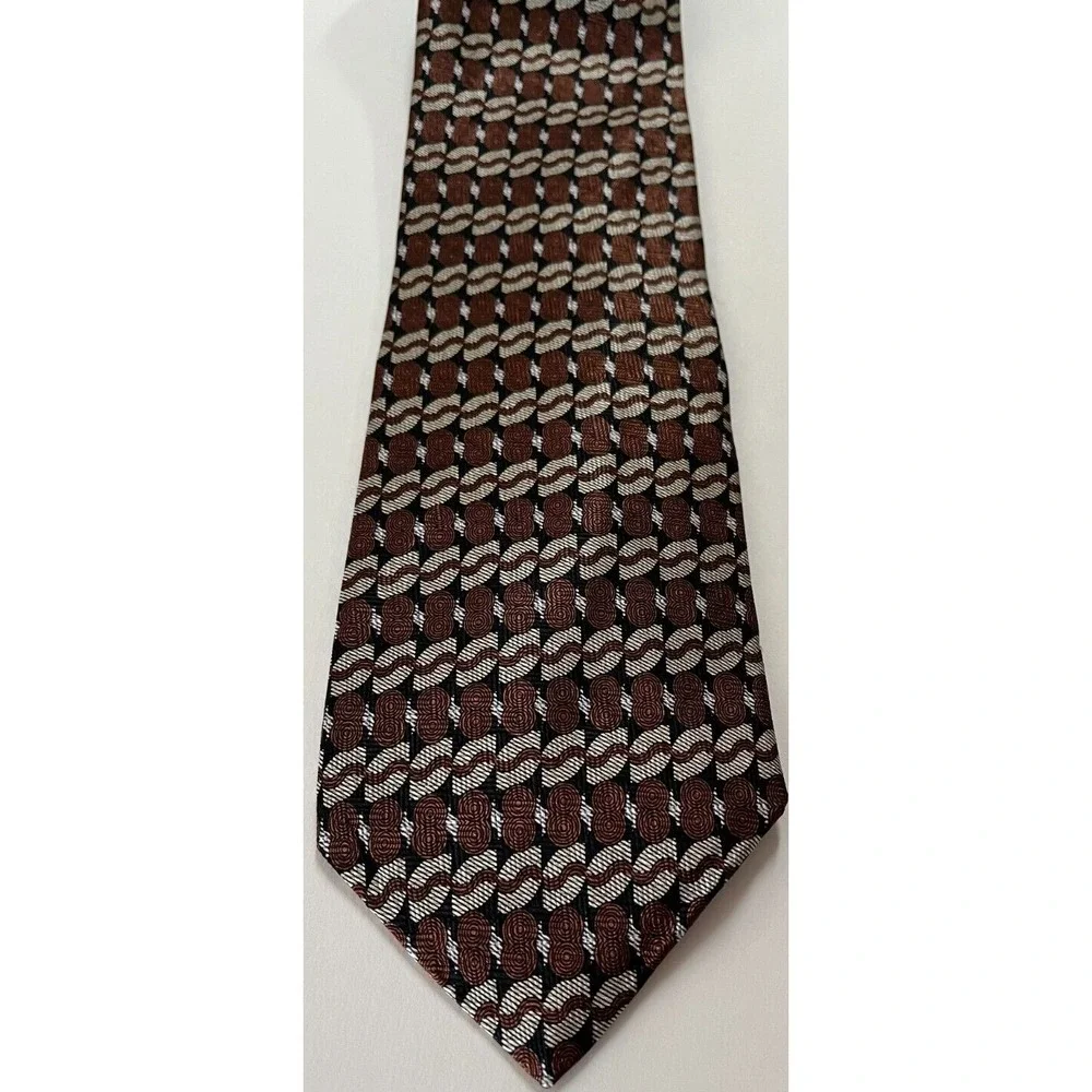 Mens Tie Necktie Bill Robin Son‎ Short Silk Brown Ivory Black Geometric Print